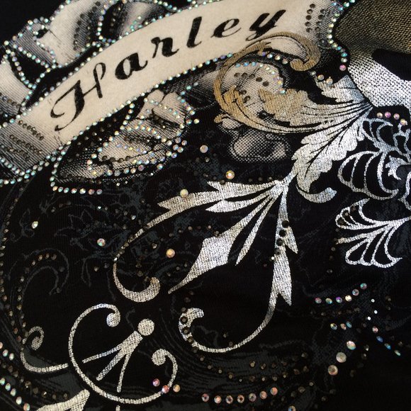 Harley Davidson Long Top Tunic Small Black Gray Silver 3\4 Sleeve Rhinestones - Picture 6 of 9